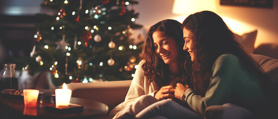 Christmas time. Two smiling women enjoying a day off sitting on the couch. Friends, lesbian couple, people enjoying holiday time.