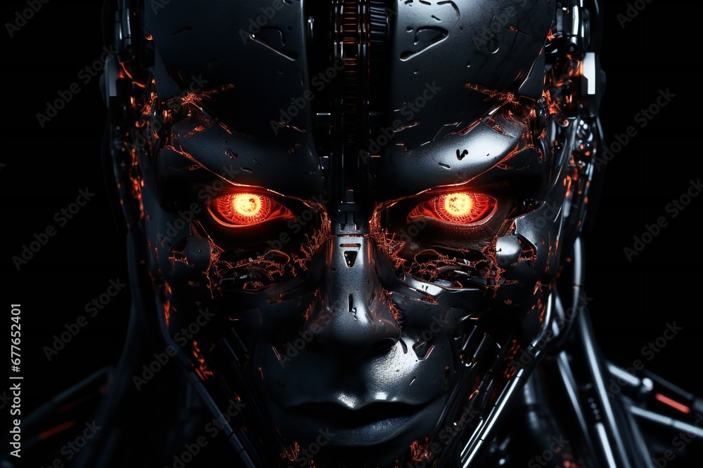 Poster scary cyborg face that will end the humanity, devil like, with empty copy space generative ai