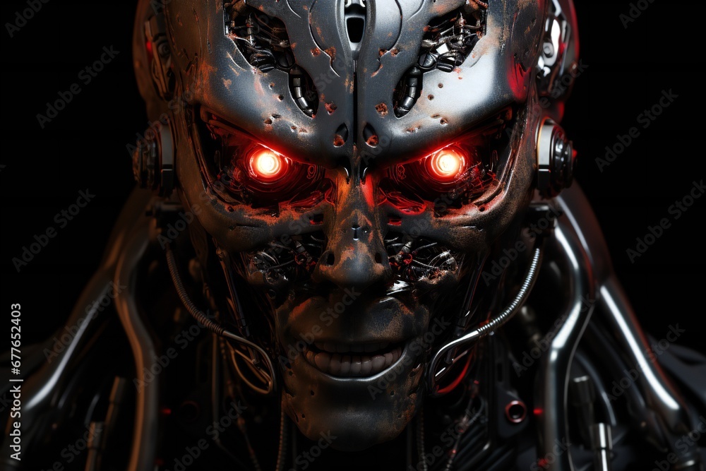 Poster scary cyborg face that will end the humanity, devil like, with empty copy space generative ai