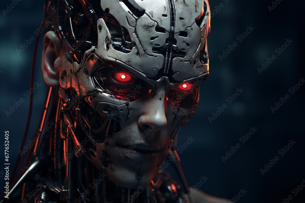 Leinwandbilder scary cyborg face that will end the humanity, devil like, with empty copy space generative ai