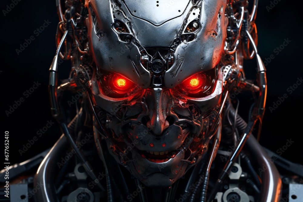Aufkleber scary cyborg face that will end the humanity, devil like, with empty copy space generative ai
