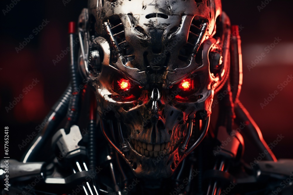 Aufkleber scary cyborg face that will end the humanity, devil like, with empty copy space generative ai