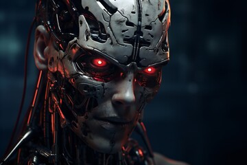Fototapeta premium Scary cyborg face that will end the humanity, devil like, with empty copy space Generative AI 