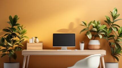 3D rendering of a minimalist desk setup with a plant and artwork. AI generate illustration