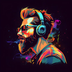 Hipster man listening to music, sound, colorful poster, illustration