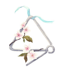 Musical triangle with ribbon and flowers. Hand drawn watercolor illustration on isolated background. Instrument for creating rhythm.