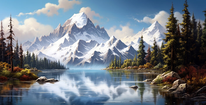 Gorgeous winter mountain landscape. Rocks and pine trees around a blue lake. View of a valley, sunlit horizon, sky with clouds above. Image made by Generative AI