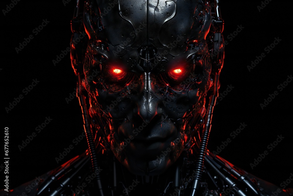 Poster Scary cyborg face that will end the humanity, devil like, with empty copy space Generative AI 