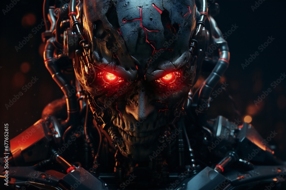 Aufkleber scary cyborg face that will end the humanity, devil like, with empty copy space generative ai