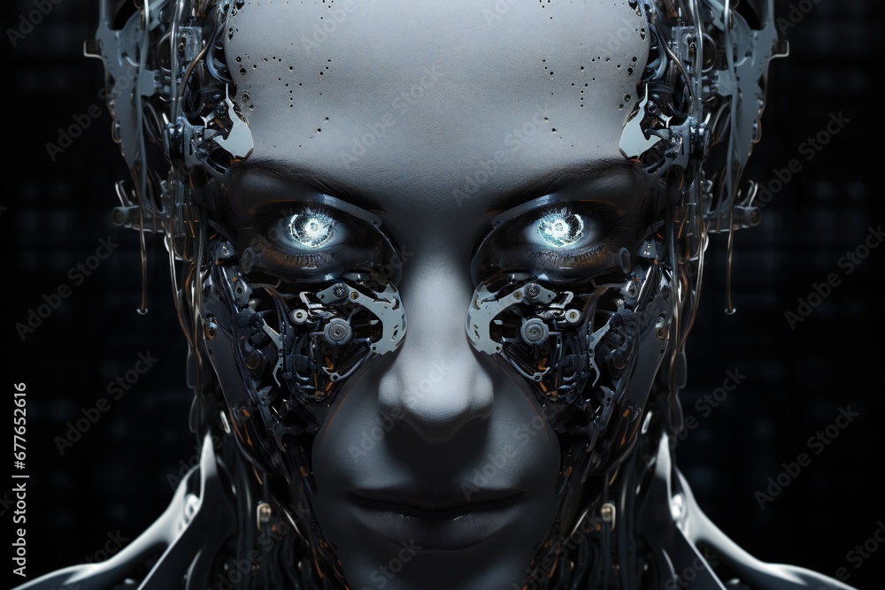 Poster scary cyborg face that will end the humanity, devil like, with empty copy space generative ai