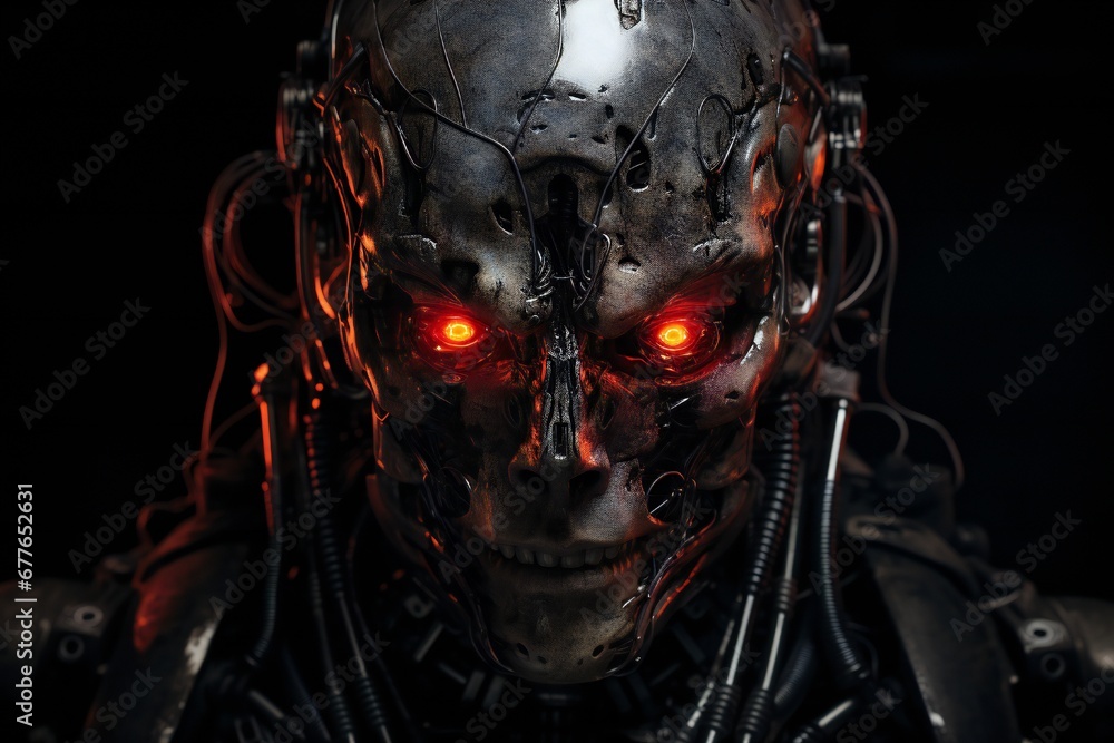 Aufkleber scary cyborg face that will end the humanity, devil like, with empty copy space generative ai