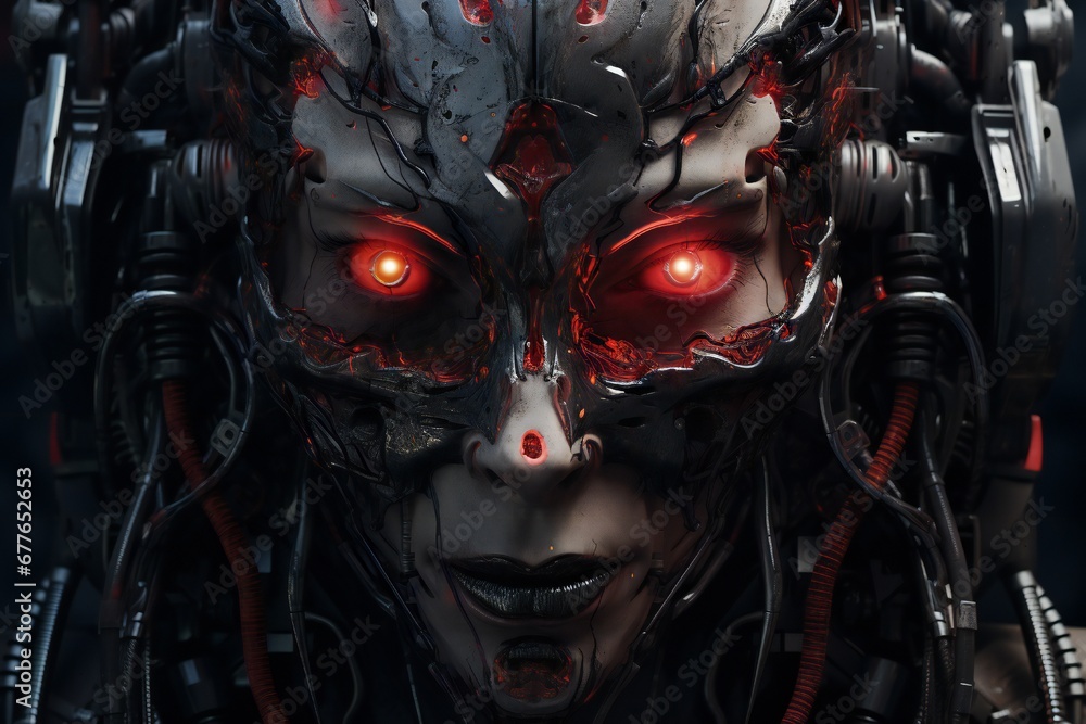 Poster scary cyborg face that will end the humanity, devil like, with empty copy space generative ai