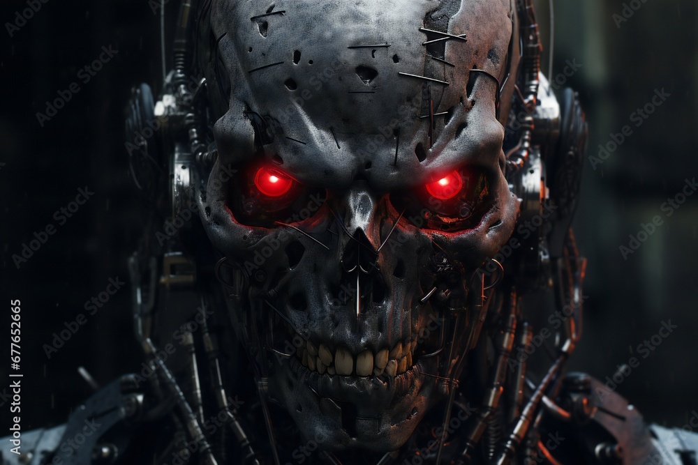 Fototapete scary cyborg face that will end the humanity, devil like, with empty copy space generative ai