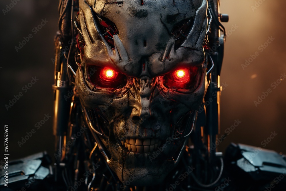 Poster scary cyborg face that will end the humanity, devil like, with empty copy space generative ai
