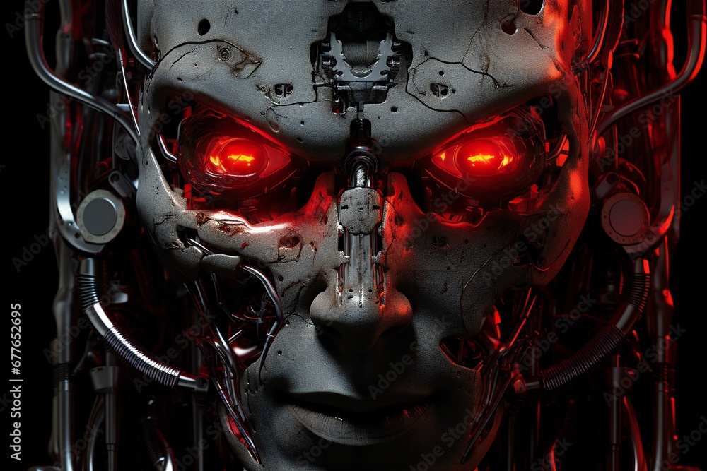 Aufkleber scary cyborg face that will end the humanity, devil like, with empty copy space generative ai