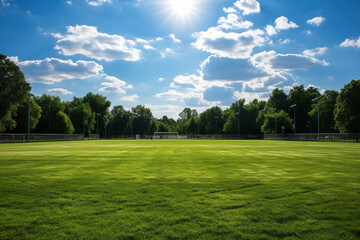 Amateur empty football field on a sunny day. Created by artificial intelligence - Powered by Adobe