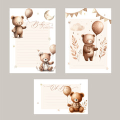 Baby Shower Bingo and Predictions Template. Hand lettering, cute bear and baby equipment. - obrazy, fototapety, plakaty
