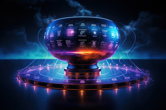 Abstract image of the World Cup cup on a dark blue background. Created by artificial intelligence
