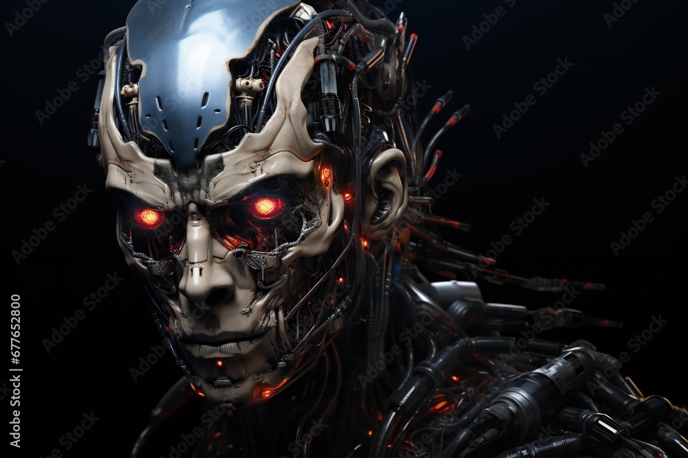 Leinwandbilder Scary cyborg face that will end the humanity, devil like, with empty copy space Generative AI 