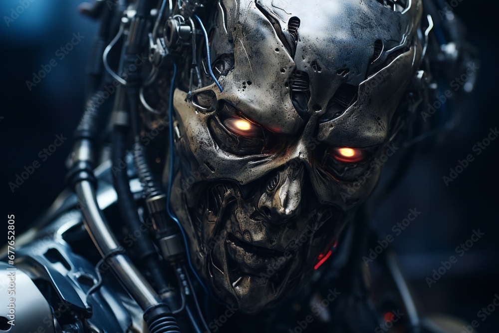 Aufkleber scary cyborg face that will end the humanity, devil like, with empty copy space generative ai