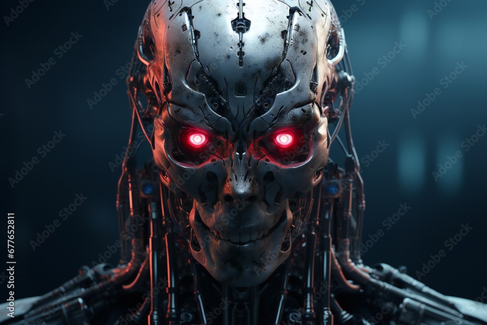 Poster scary cyborg face that will end the humanity, devil like, with empty copy space generative ai