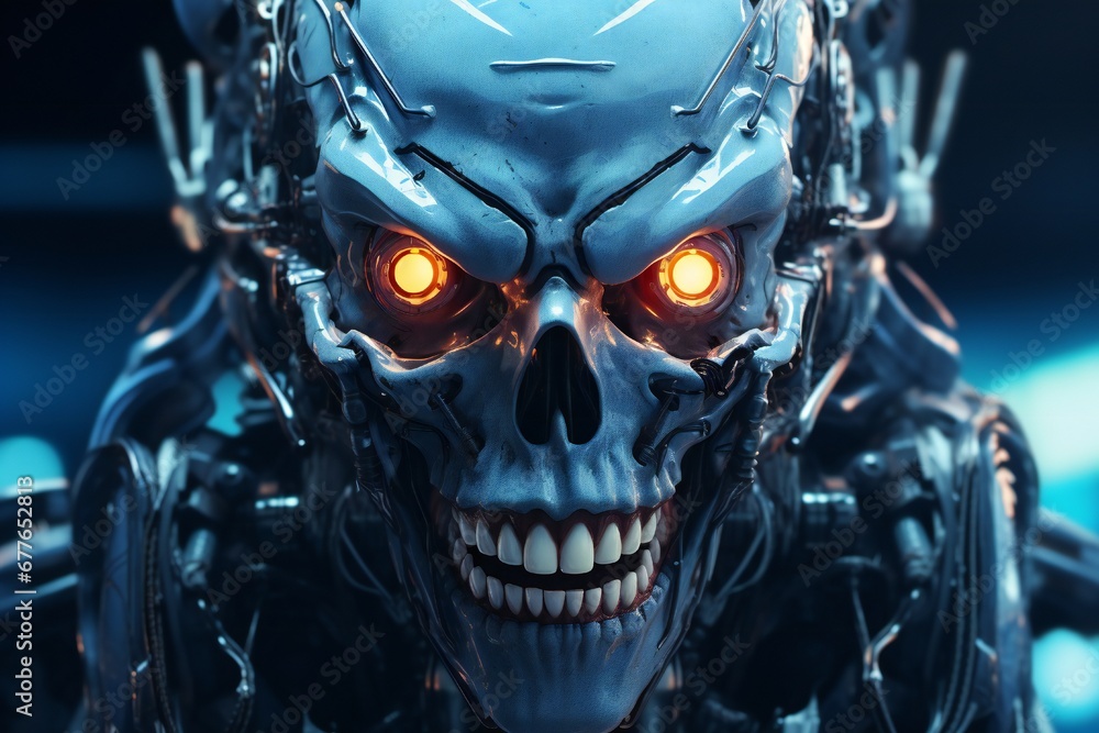 Poster Scary cyborg face that will end the humanity, devil like, with empty copy space Generative AI 