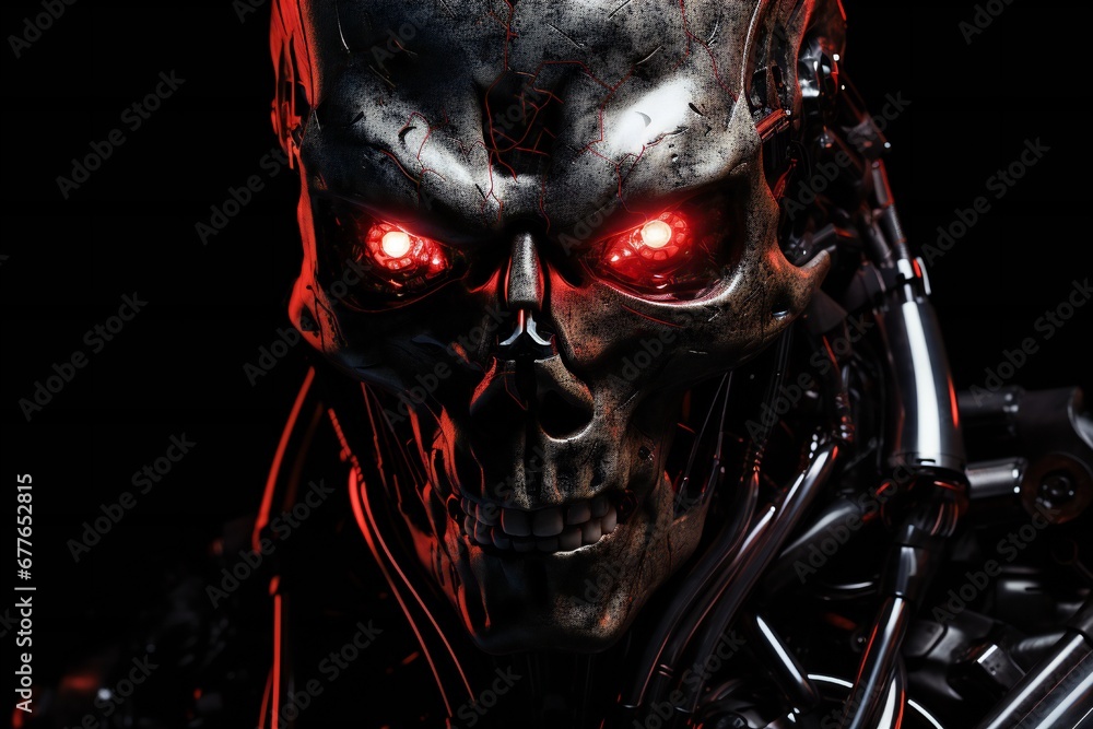 Aufkleber scary cyborg face that will end the humanity, devil like, with empty copy space generative ai