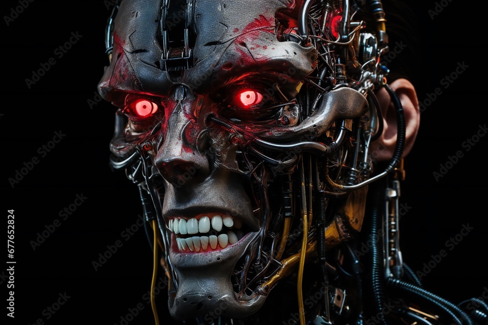 Poster scary cyborg face that will end the humanity, devil like, with empty copy space generative ai