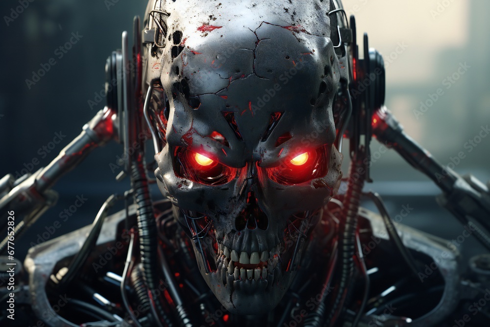 Poster Scary cyborg face that will end the humanity, devil like, with empty copy space Generative AI 