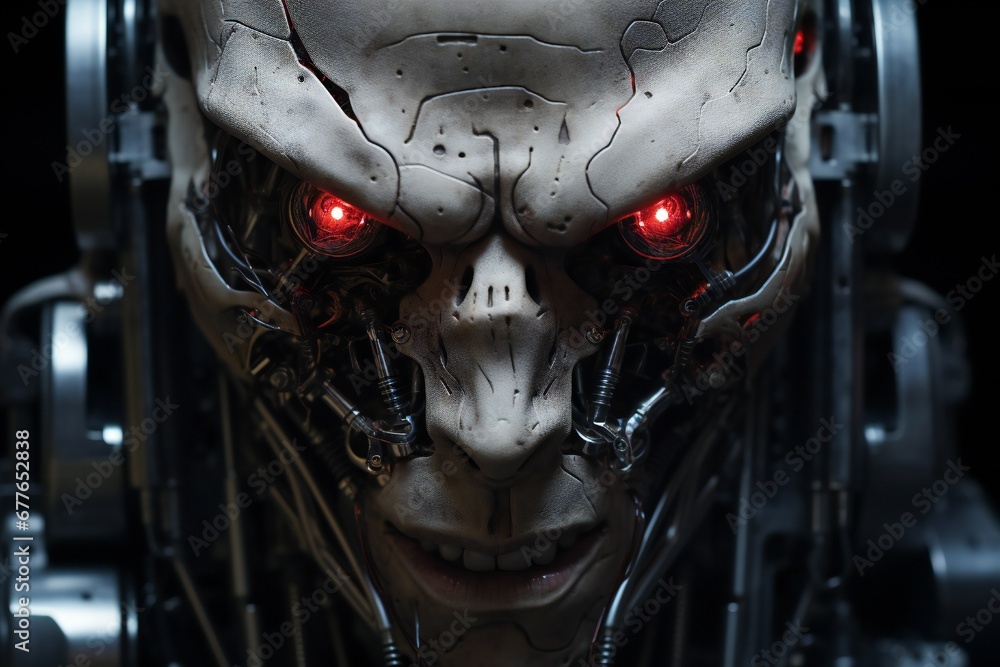 Poster Scary cyborg face that will end the humanity, devil like, with empty copy space Generative AI 