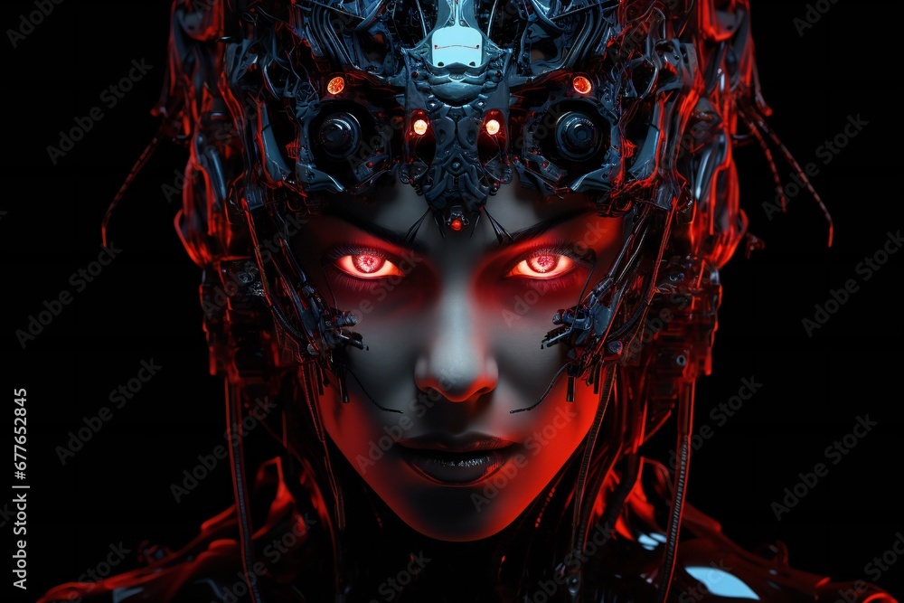 Fototapete scary cyborg face that will end the humanity, devil like, with empty copy space generative ai