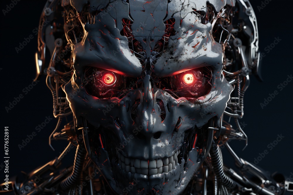 Aufkleber scary cyborg face that will end the humanity, devil like, with empty copy space generative ai