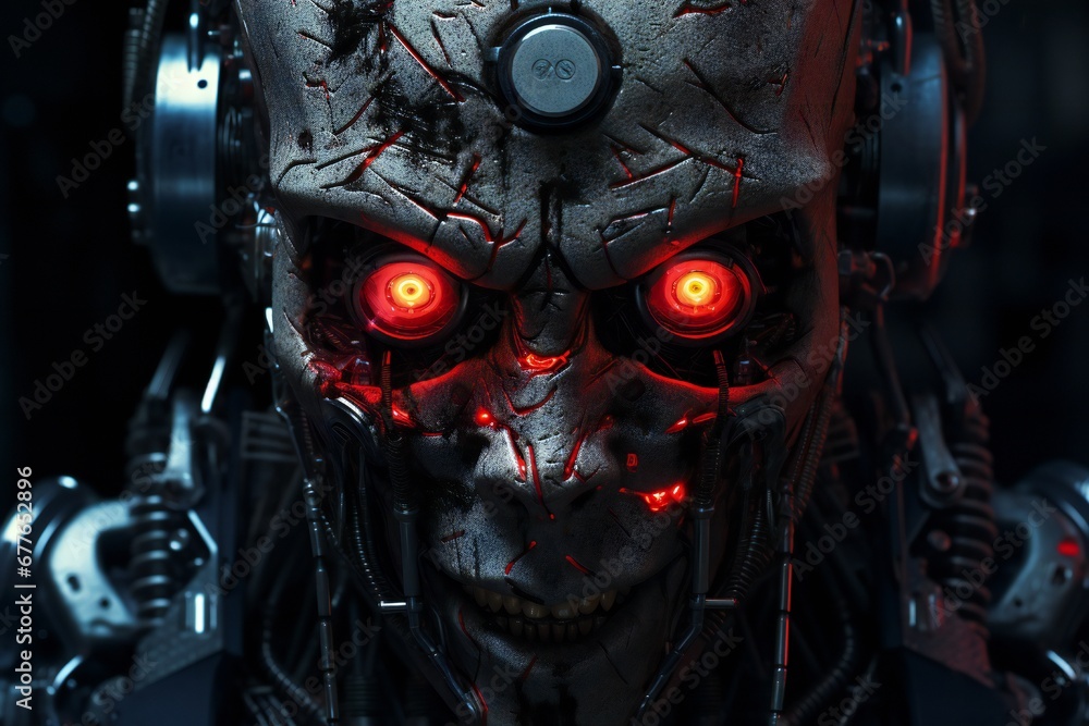 Poster scary cyborg face that will end the humanity, devil like, with empty copy space generative ai