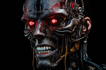 Scary cyborg face that will end the humanity, devil like, with empty copy space Generative AI 