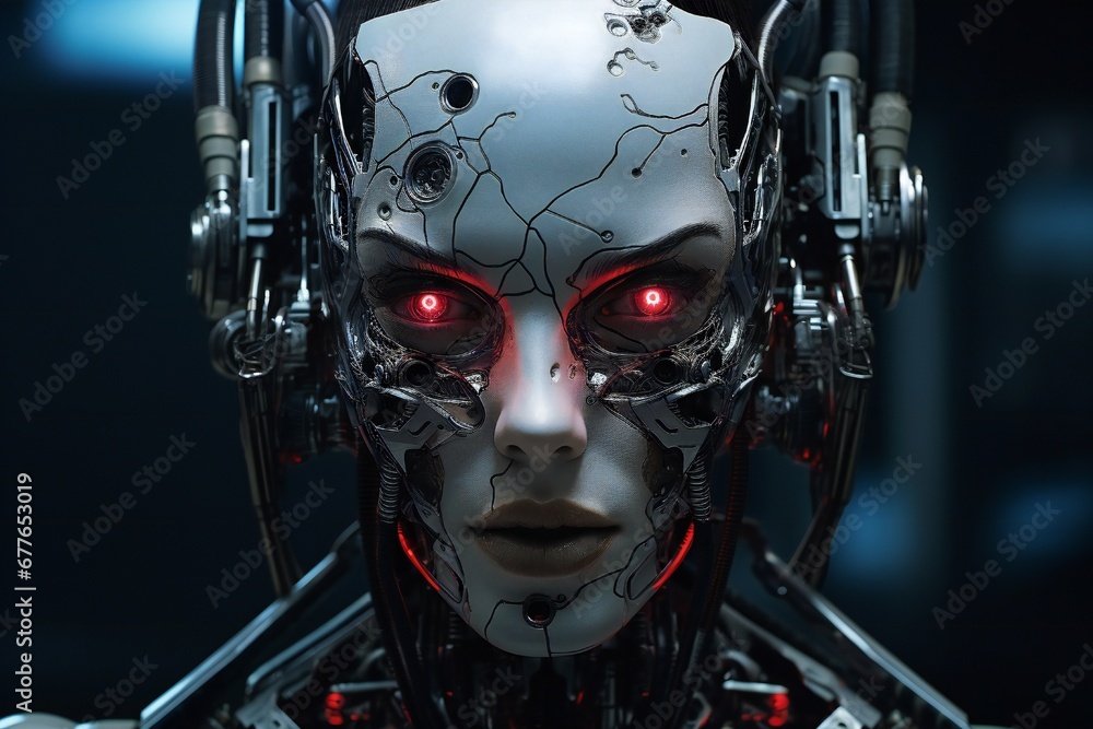 Aufkleber scary cyborg face that will end the humanity, devil like, with empty copy space generative ai