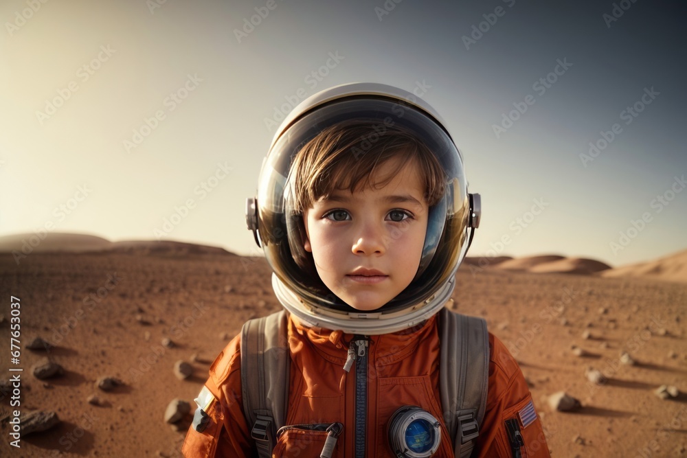 Poster portrait of a small child astronaut putting on a spacesuit in the planet mars