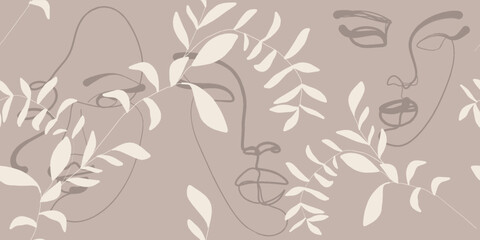 Fototapeta premium Seamless pattern line drawing of women with different faces and floral. 