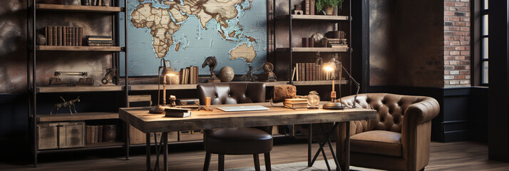 Industrial-style home office with a reclaimed wood desk Design and a bookshelf