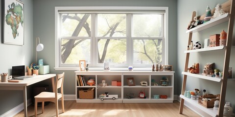 A minimal home office with view from window, wall-mounted desk, modern chair and a bookcase
