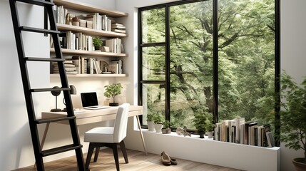 Obraz premium A minimal home office with view from window, wall-mounted desk, modern chair and a bookcase