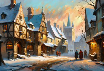 painting of a medieval town road in winter with ancient houses covered in snow