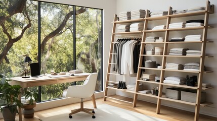 A minimal home office with view from window, wall-mounted desk, modern chair and a bookcase