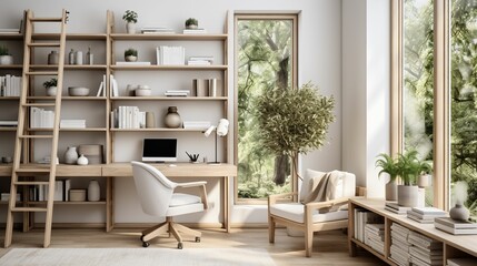 A minimal home office with view from window, wall-mounted desk, modern chair and a bookcase