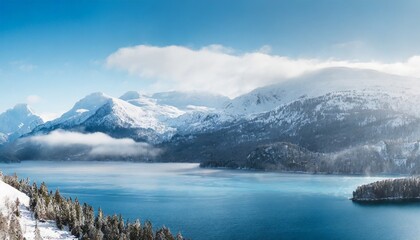 Awesome mountain winter landscape with snow capped mountains with blue lake in front with clear blue sky. Nature and travel concept