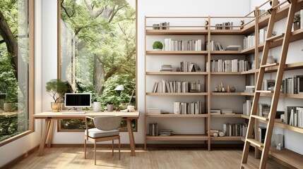 A minimal home office with view from window, wall-mounted desk, modern chair and a bookcase