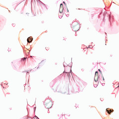 Hand drawn watercolor sketch ballerina ballet seamless pattern. - obrazy, fototapety, plakaty
