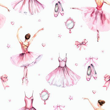 Hand drawn watercolor sketch ballerina ballet seamless pattern.