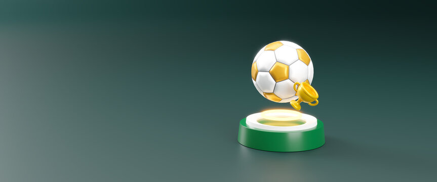 Soccer ball with golden trophy on podium, football concept design. sport competition. celebration winner. Banner template for congratulation, champion, winner and prize, sport rewards. 3d rendering