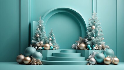Background products minimal podium scene with Christmas decoration in light turquoise color in cute style.
