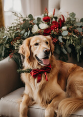 Golden Retriever Dog Portrait Posing on an Upholstered Arm Chair Surrounded by Rich Red and Green Christmas Florals